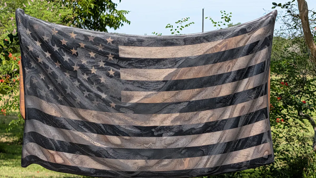 50-Star American Flag -- 3D wavy wooden American flag displaying 50 stars and 13 stripes