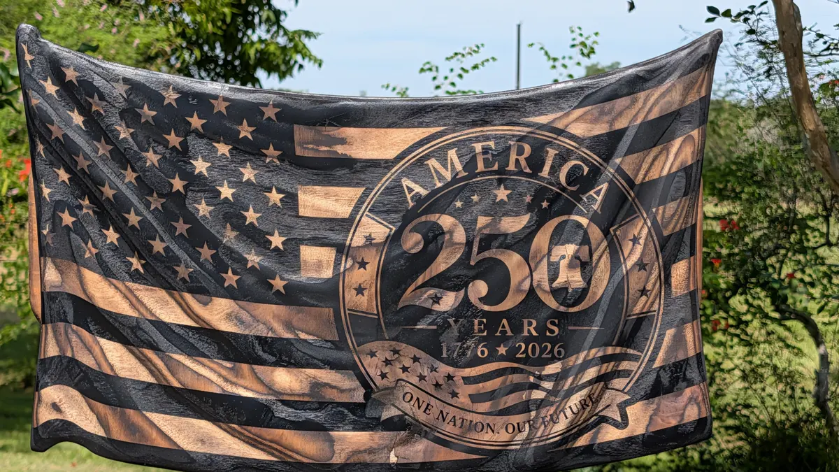America 250 Commemorative Flag -- 3D wavy wooden American flag with a commemorative America 250 Years 1776-2026 seal