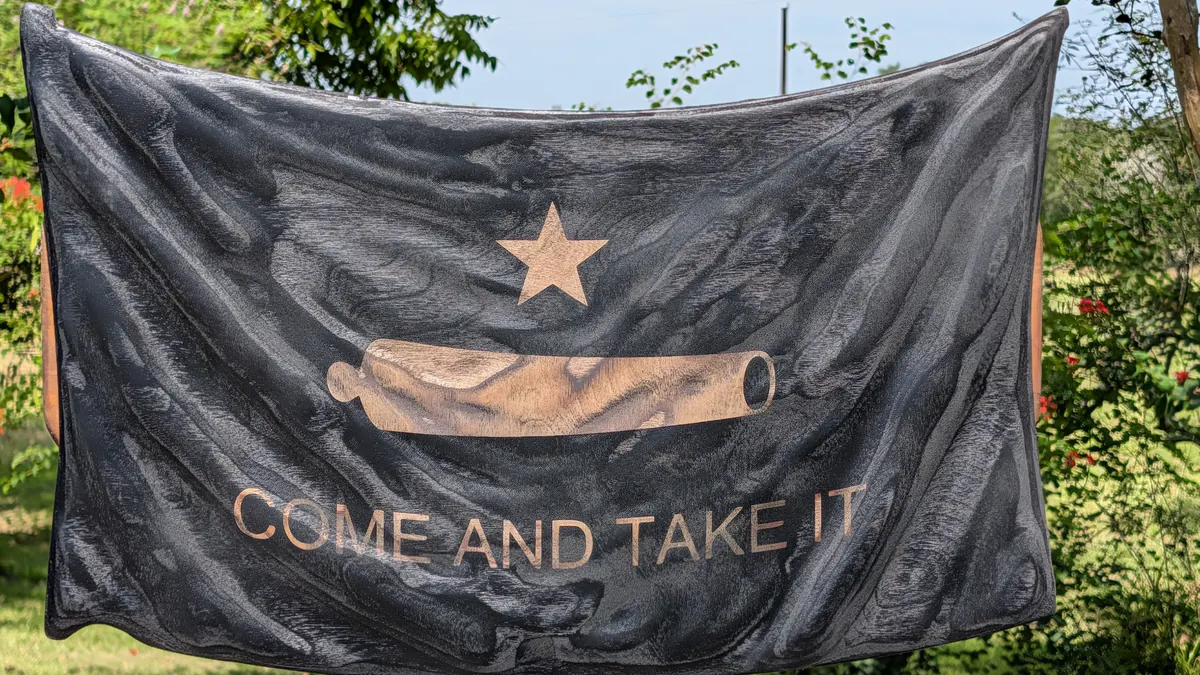 Come and Take It Flag -- 3D wavy wooden flag with a gold star and cannon above the words COME AND TAKE IT on a black field