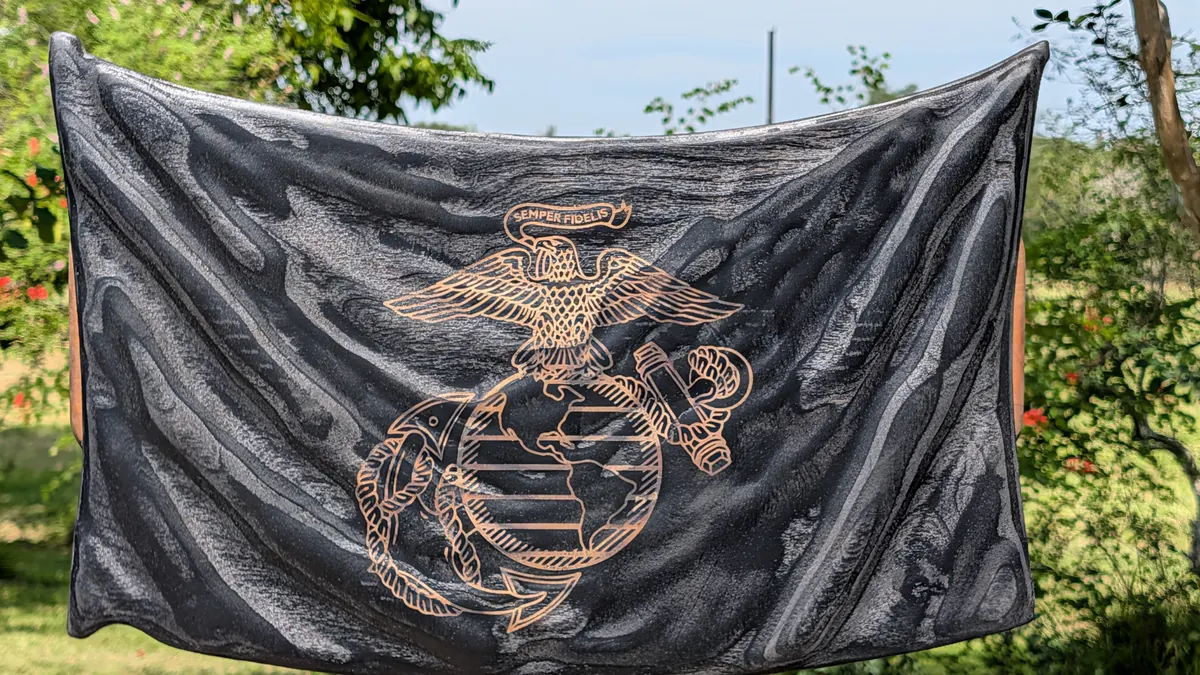 USMC Semper Fidelis Flag -- 3D wavy wooden flag with an eagle, globe, and anchor emblem and a Semper Fidelis banner