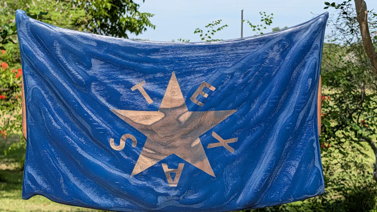 Zavala Flag -- 3D wavy wooden flag with a blue field, white Lone Star, and surrounding TEXAS lettering