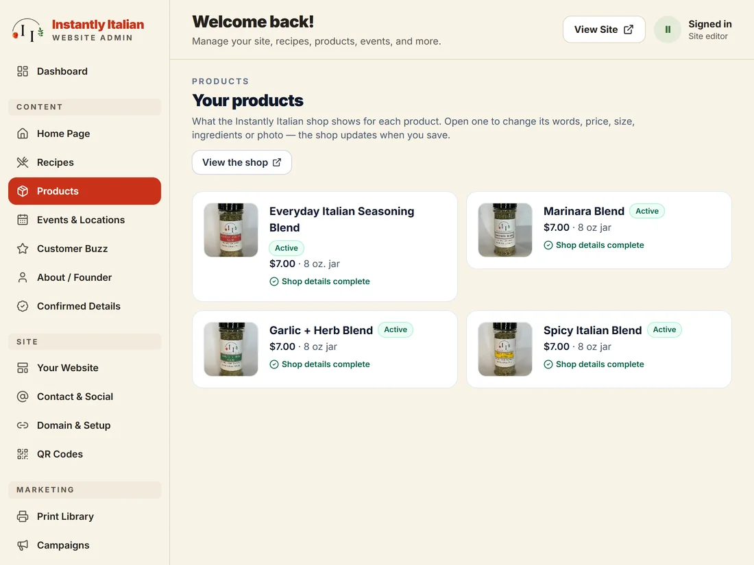 Instantly Italian's Relay admin: the Products page listing four spice blends